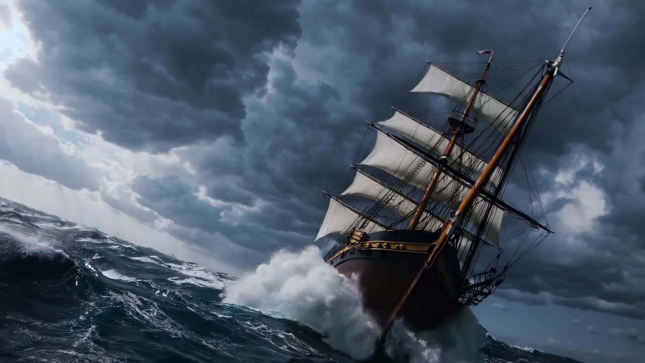 Dramatic video scene of a vintage ship battling stormy seas, captured from a low-angle