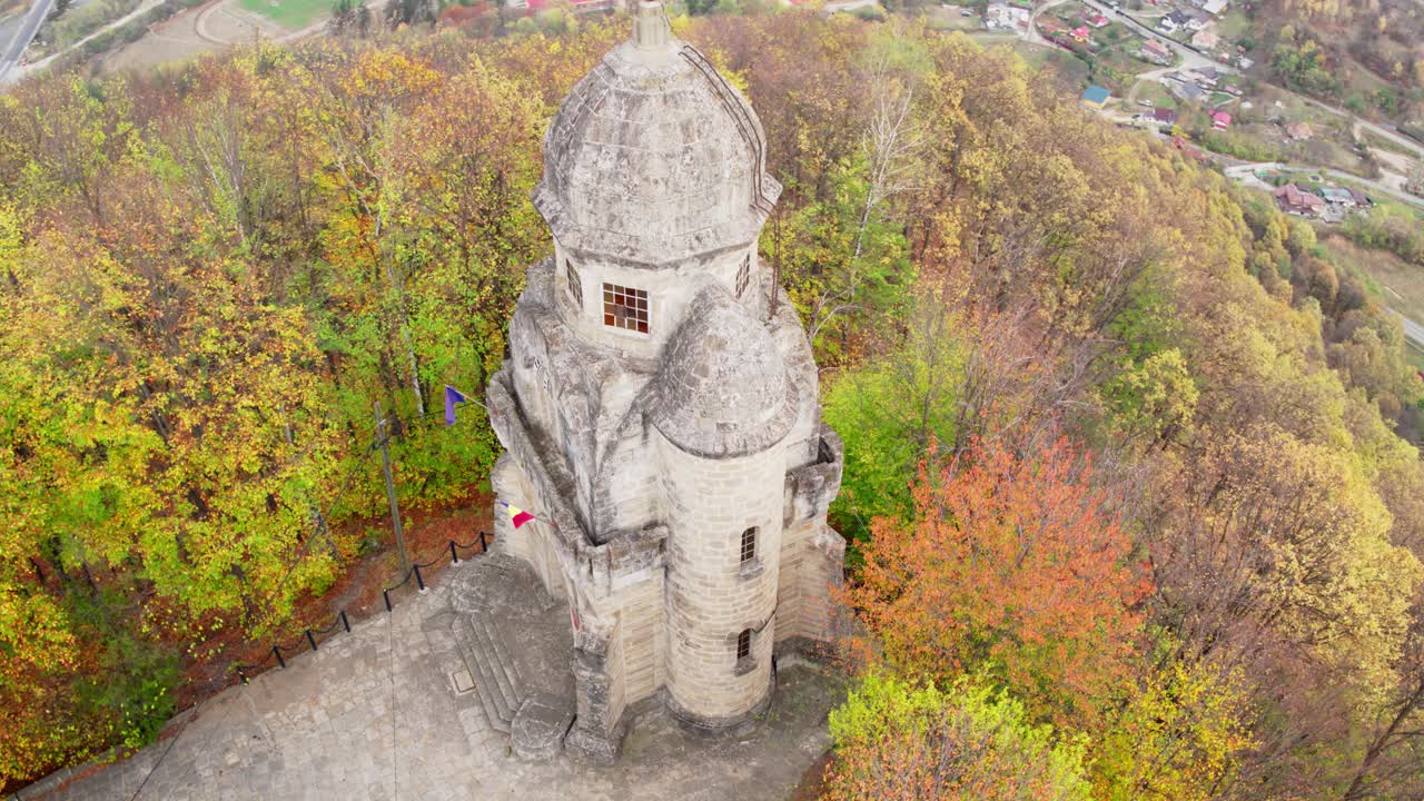 Aerial view of an observation tower in autumn