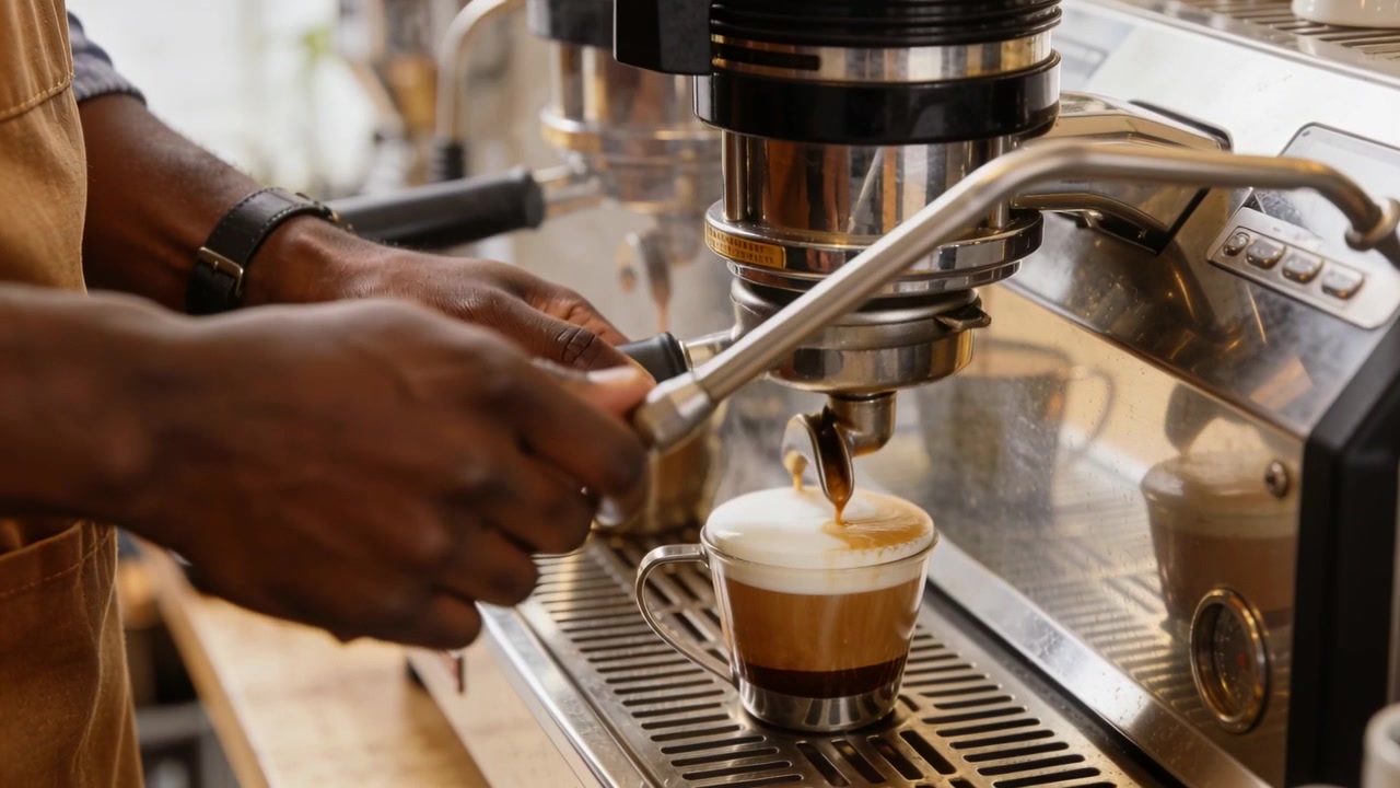 Avvio dell'estrazione: un barista con grembiule color cuoio prepara un caffè espresso con il portafiltro al bar, per i clienti.