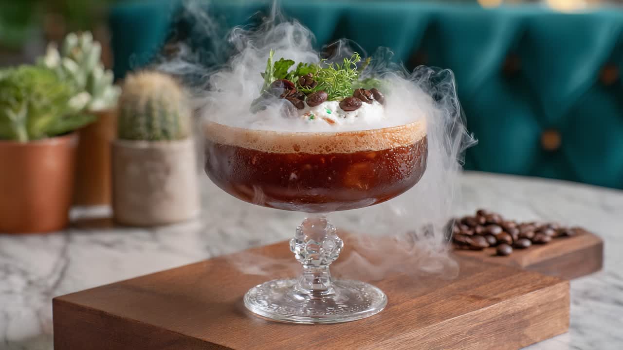 A captivating, smoky cocktail adorned with fresh herbs and coffee beans, served elegantly in a crystal glass. A perfect blend of flavors designed to impress