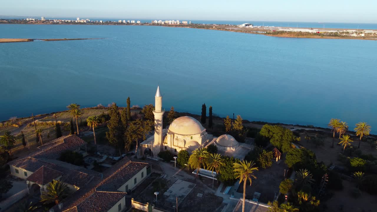 Hala Sultan Tekke Mosque in Larnaca, Cyprus. Aerial View at Sunset