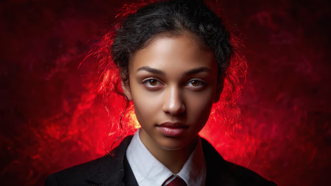 A Striking Portrait Series: A Confident Individual Showcasing Dramatic Lighting and Distinctive Styling Against a Fiery Background