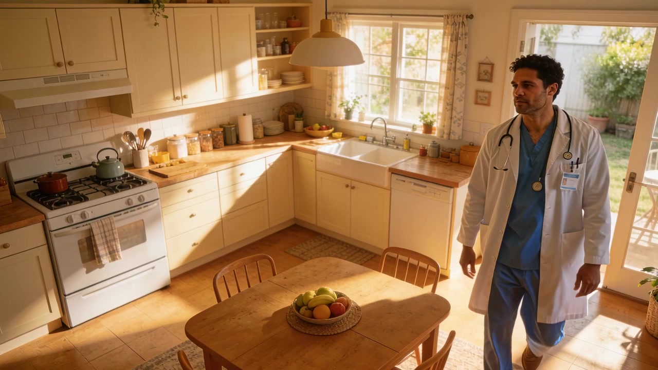 Médico entrando pela porta de correr na cozinha, pausando e observando, vestindo uniforme cirúrgico e estetoscópio, com espaço para texto.