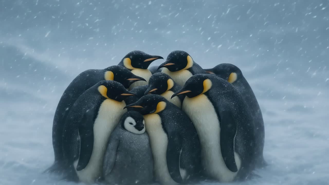 A close-up video shot of a huddle of emperor penguins in a snowy blizzard, showcasing their unity