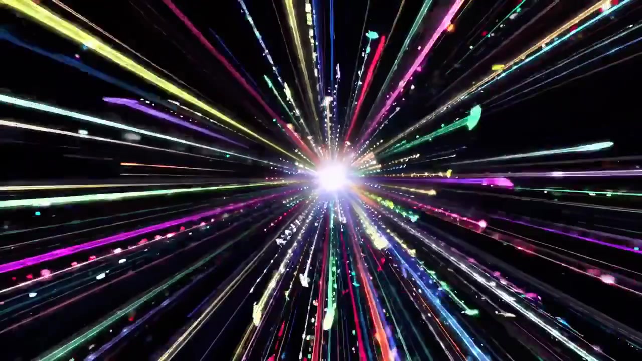 Esplosione dinamica di raggi di luce colorati nello spazio scuro