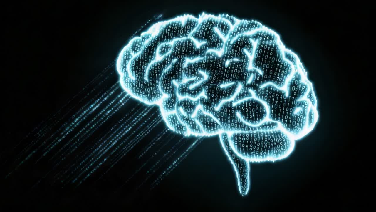 Abstract glowing blue brain formed from cascading binary code particles, symbolizing artificial intelligence, machine learning, data processing and futuristic digital cognition on black background