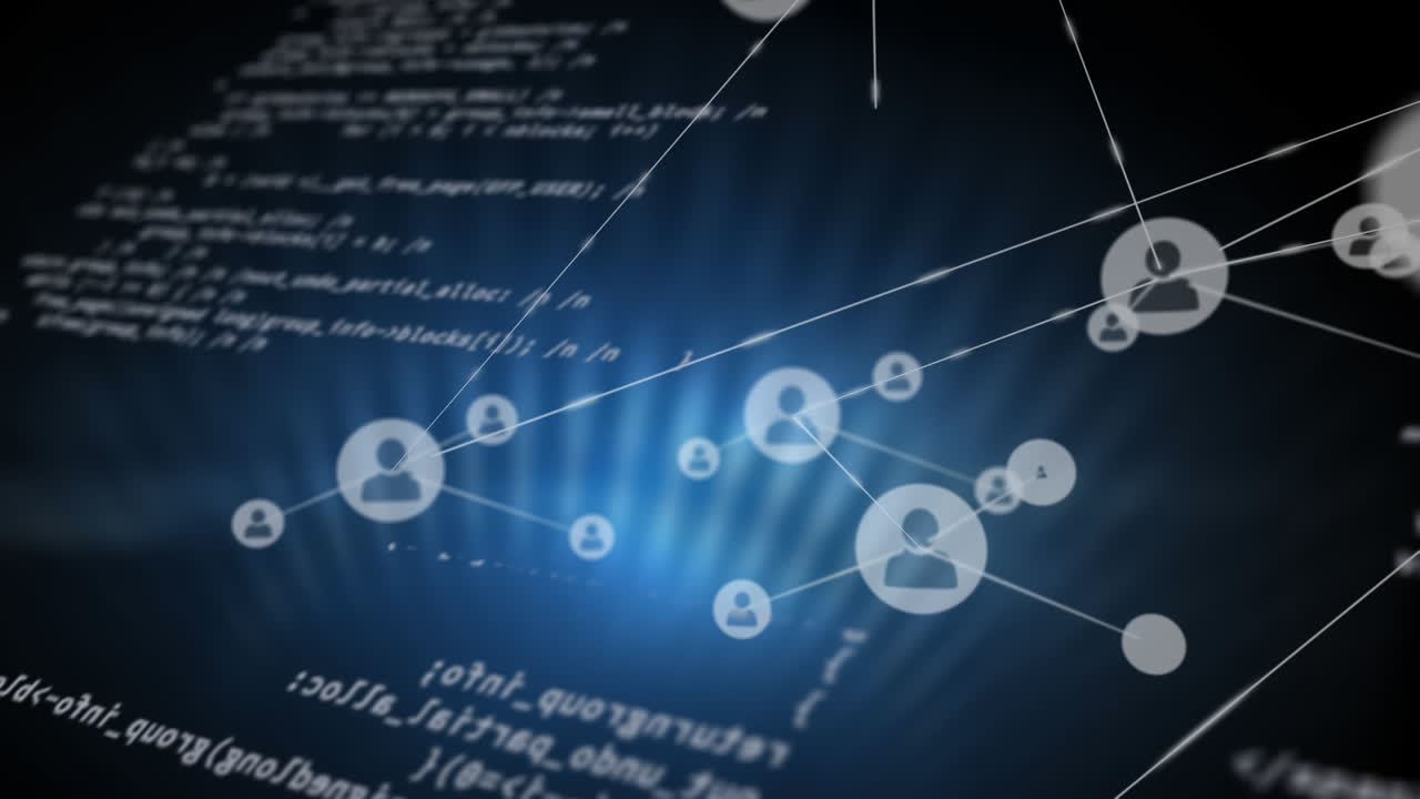Animation of connected icons over computer language against illuminated abstract pattern