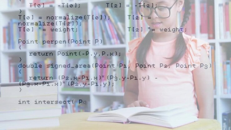 Girl sitting library reading textbook while transparent C++ code scrolling showing code concepts
