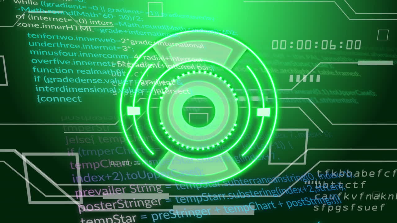 Glowing green circular design with animation over programming code in school setting