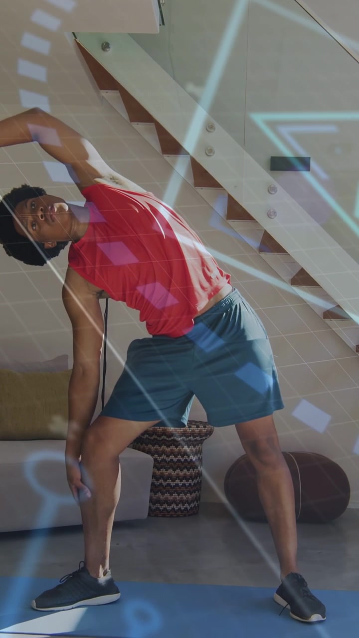 Vertical video: Man raising arm, starting side stretch on blue mat, blue HUD aiding fitness