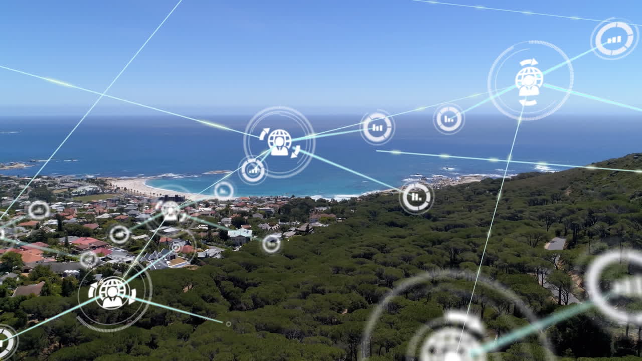 animación de la red de conexiones con iconos sobre el paisaje urbano