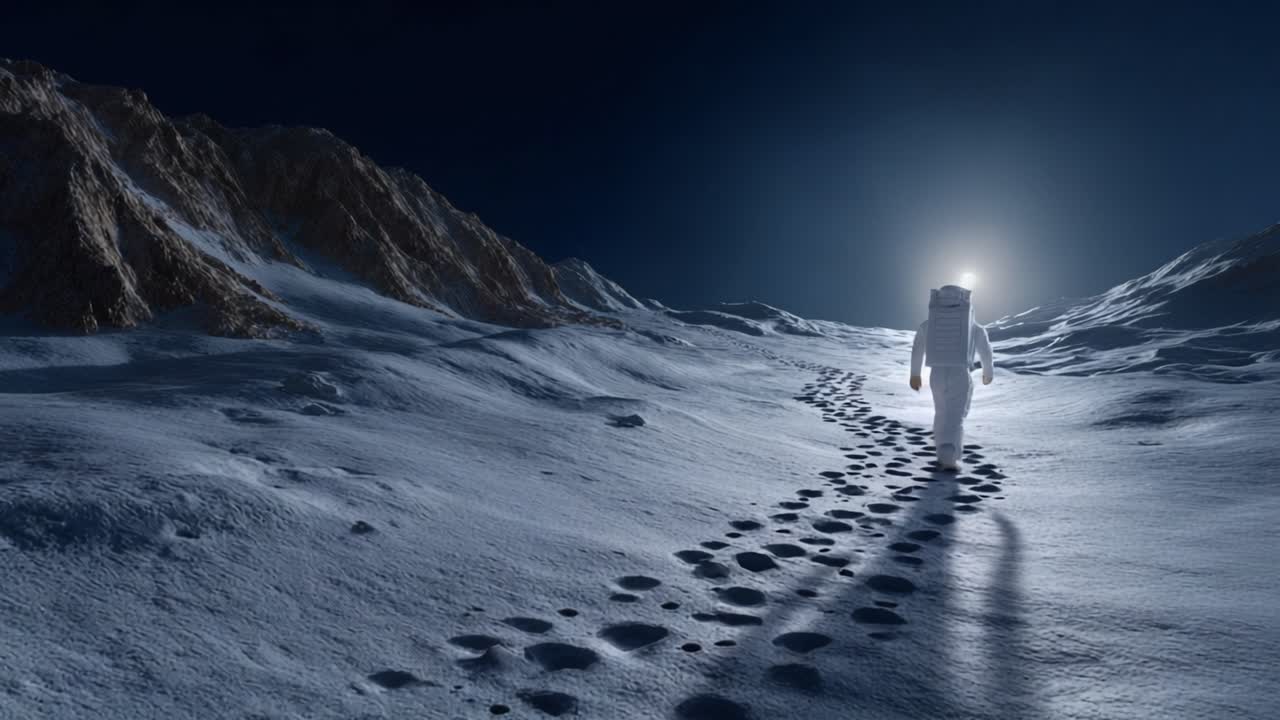 Ein einsamer Astronaut erkundet die karge, mondbeschienene Landschaft und hinterlässt Fußabdrücke auf der weichen, pudrigen Oberfläche, während eine leuchtende Sonne am dunklen Himmel thront