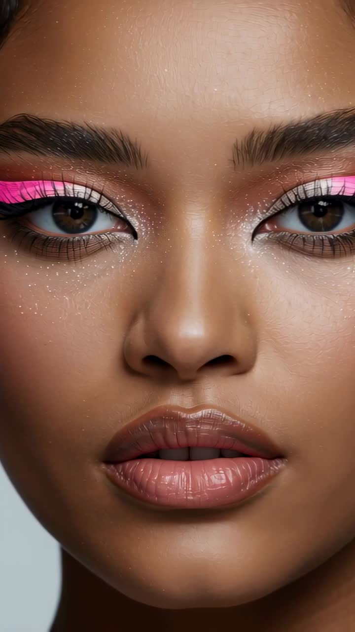 Vertical video: Pullback shot showing bare-shouldered model gazing on set to showcase pink eyeliner