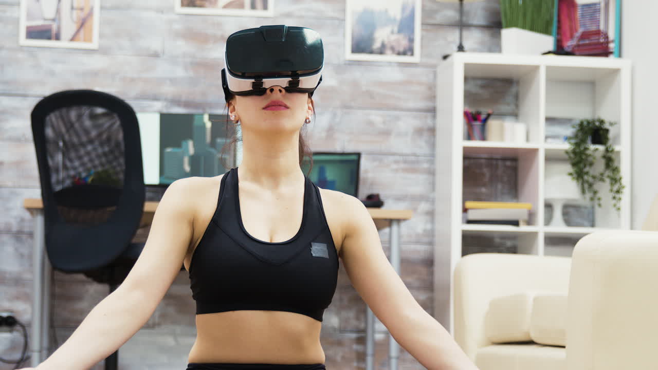 Woman wearing VR headset at home