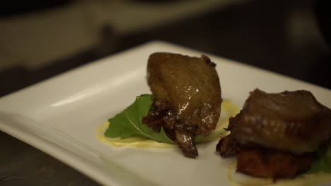 finishing a delicious meat dish in luxury kitchen restaurant - close up