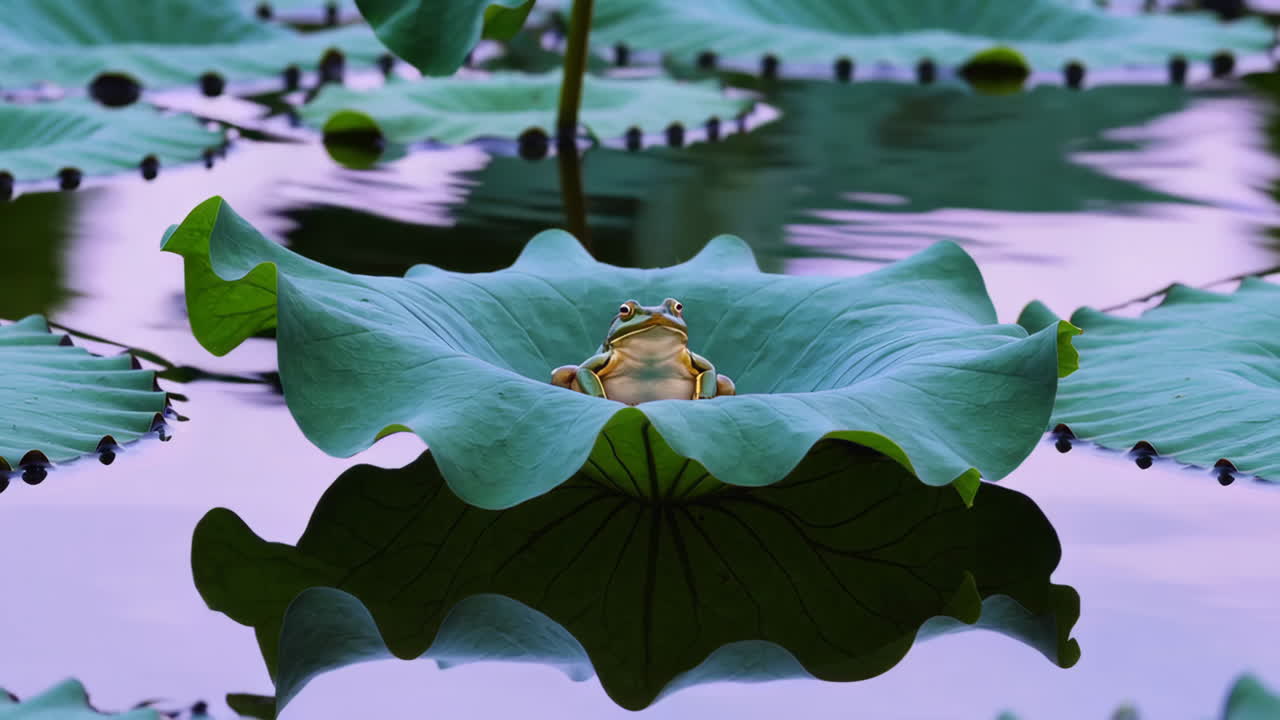 Frog on a Lotus Leaf in a Pond