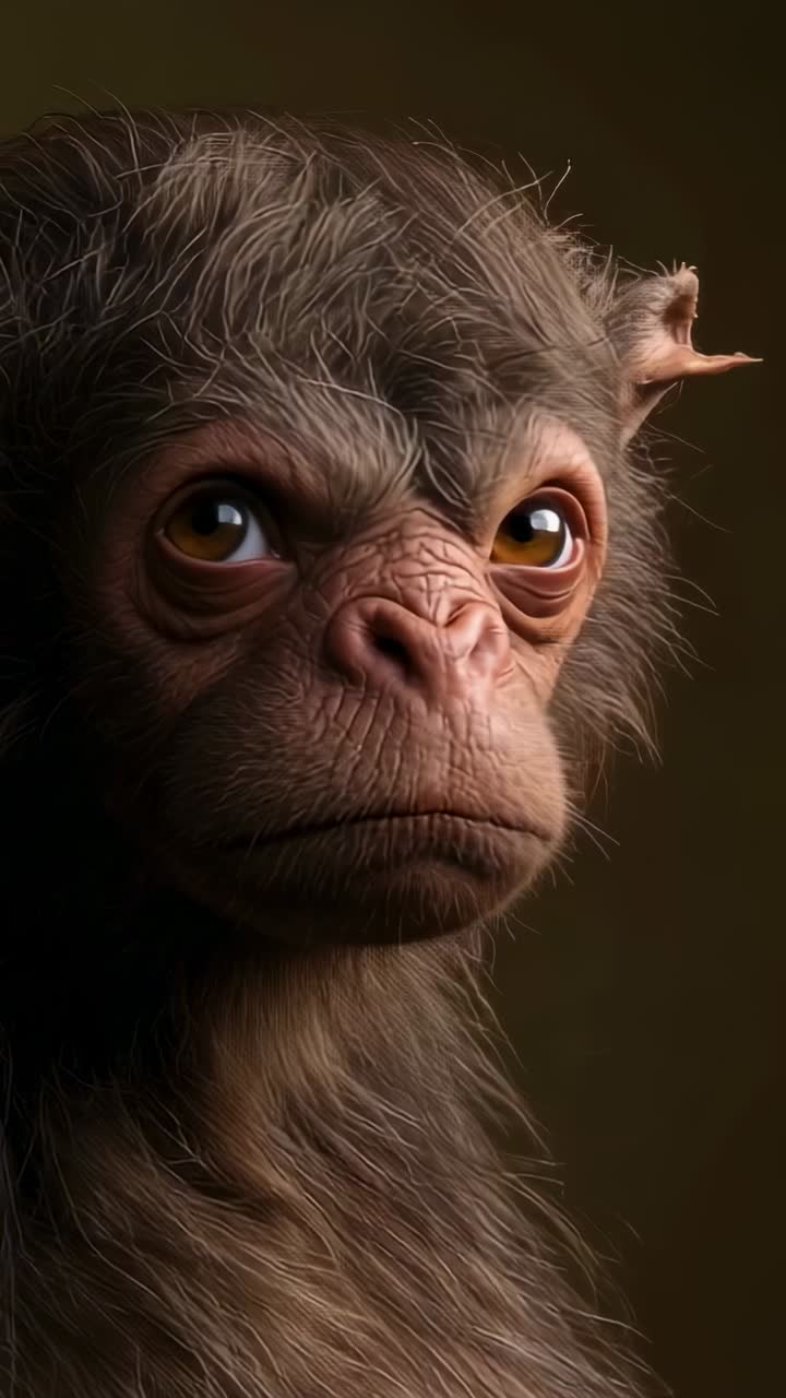 Vertical video: Noticing lens juvenile chimpanzee turning head toward camera in studio, copy space