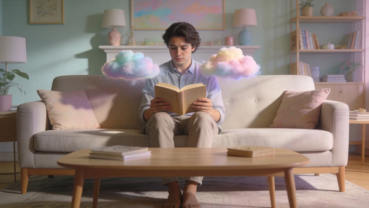 Remaja membaca berkaus biru muda memegang buku terbuka di sofa pastel di rumah, dua awan muncul.