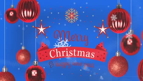 animation of christmas greetings text over christmas red baubles