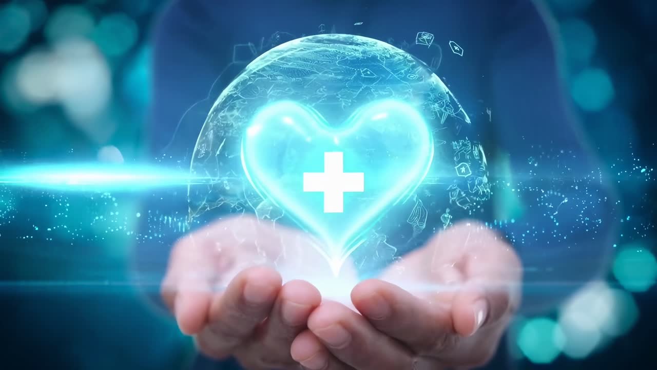 Ön açıdan çekilmiş, bir dünya ve kalp sembolü içeren fütüristik bir video konsepti.