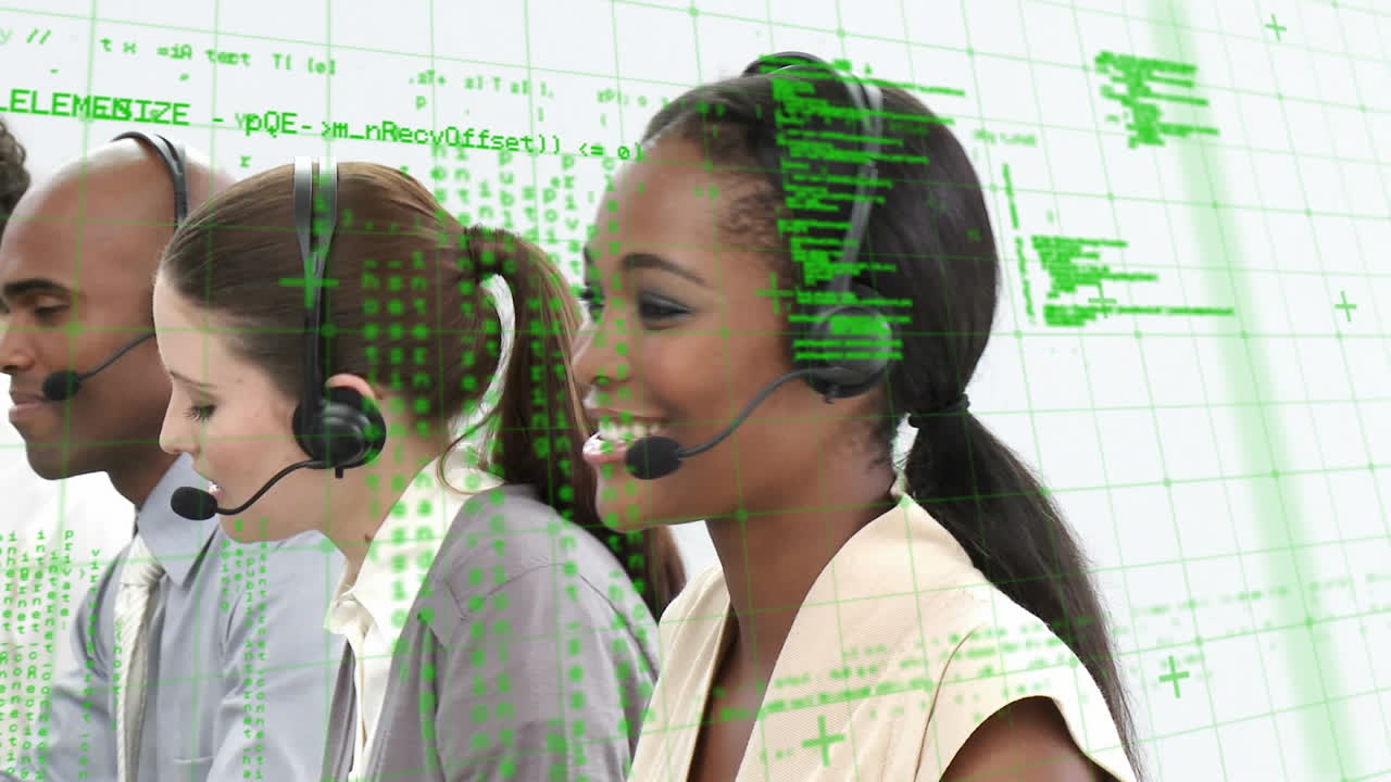 Animation of data processing over business people using phone headsets