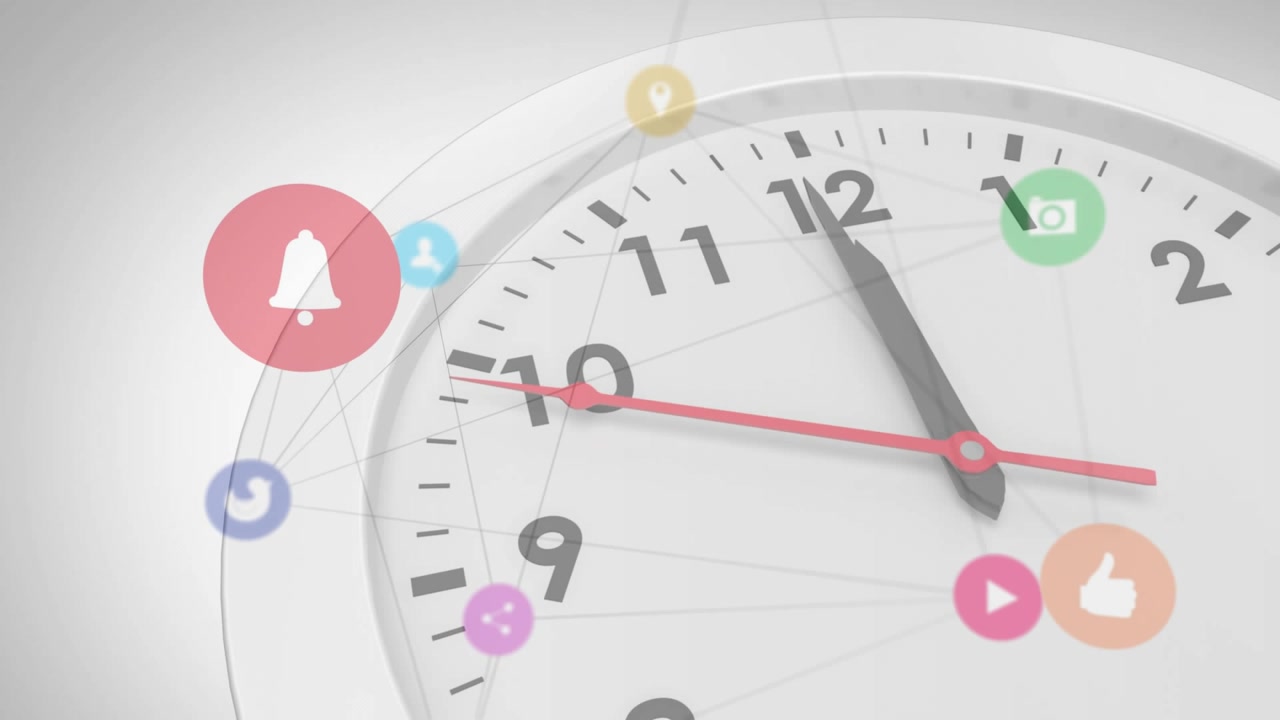 Red second hand ticking driving colored icons fading, pulsing on clock face, visualizing data flow