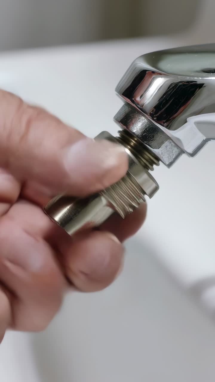 Wideo pionowe: Ręce dopasowujące i wkręcające mosiężny adapter na kranie w zlewie, osadzające uszczelkę dla zapewnienia szczelności.