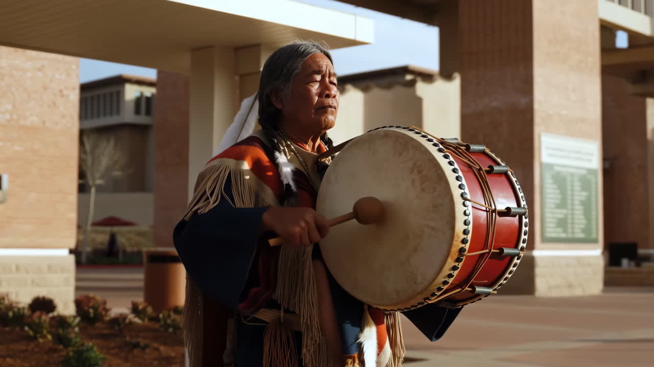 Native American man playing a drum