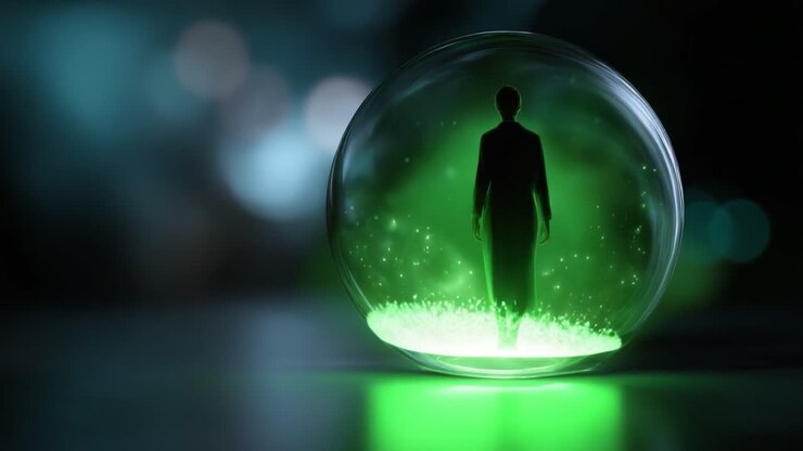 Ethereal Silhouette in a Green Sphere: A Journey into the Enigmatic Depths of Light and Shadow Captured in a Mesmerizing Visual Representation