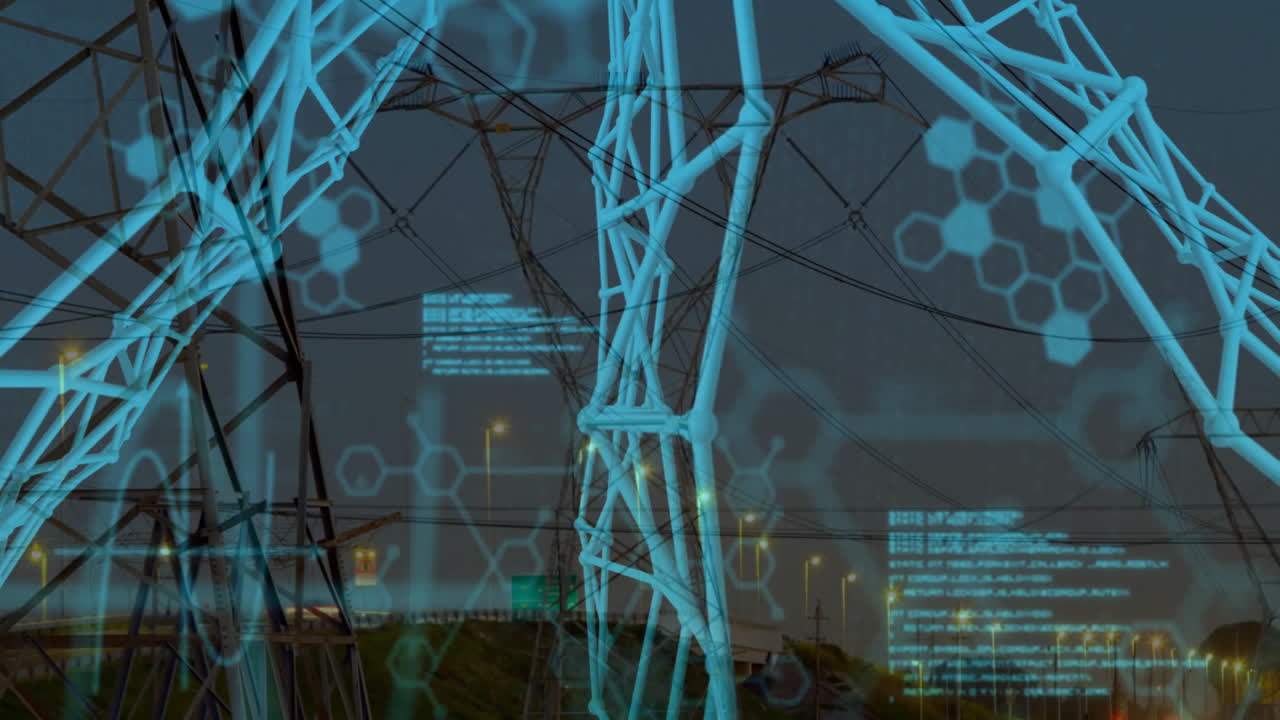 Central tower projecting glowing data overlay, linking pylons through hexagon grid in flat design