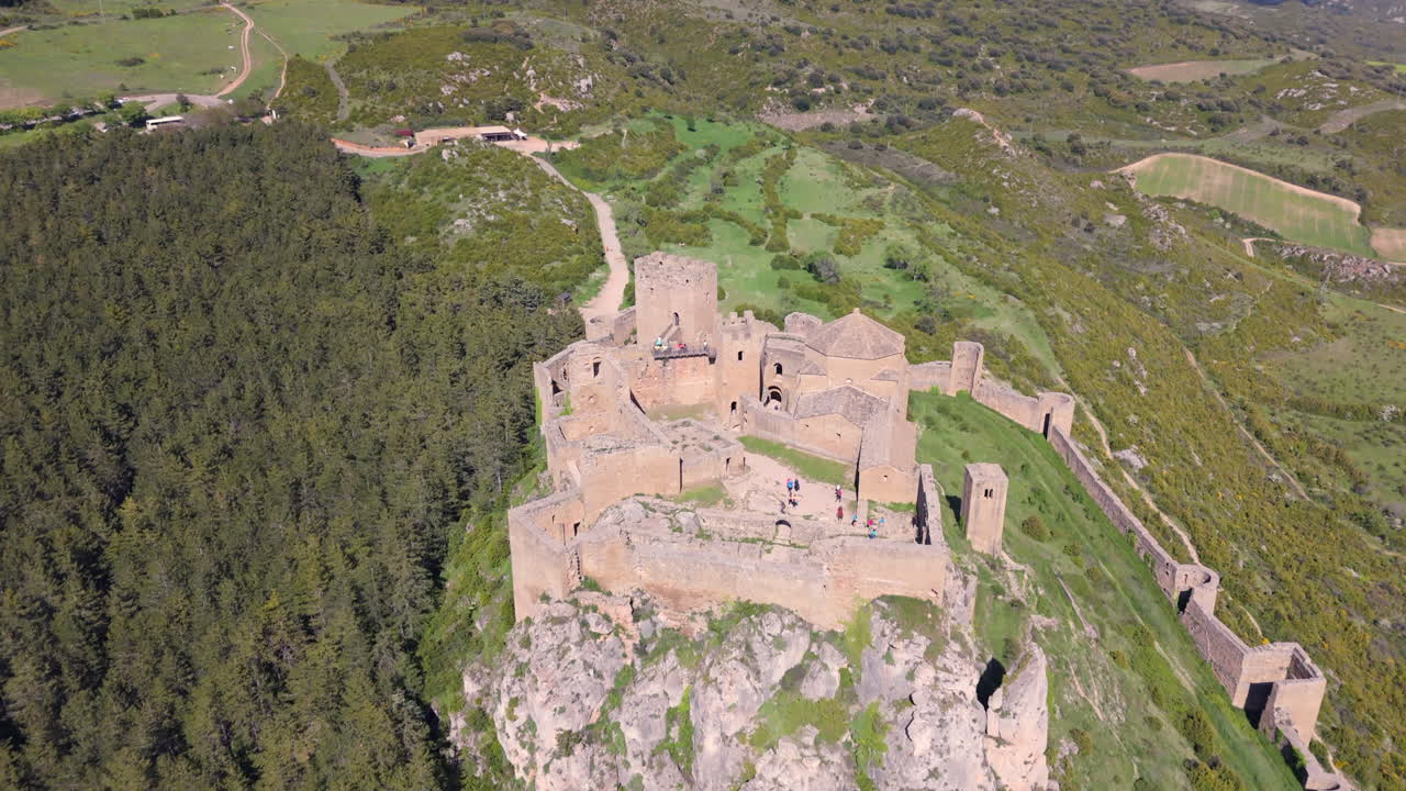 Dronie-style aerial shot revealing an ancient castle on a rocky hilltop, surrounded by trees and medieval stone walls, captured during a rapid drone ascent with gimbal tilt