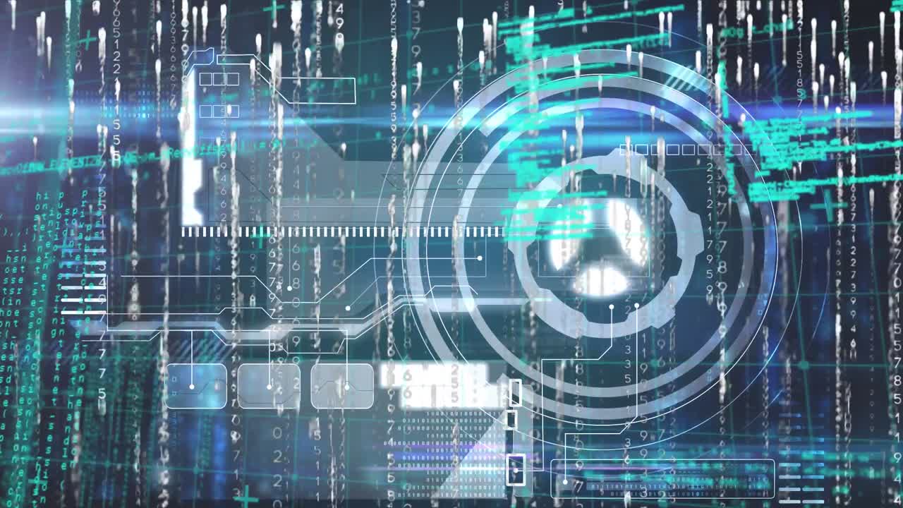 데이터 처리 및 파란색 배경에 떨어지는 빛 트레일과 인터페이스의 애니메이션