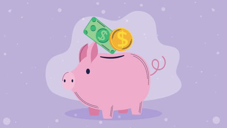 ahorros de cerdos con billetes y monedas animación