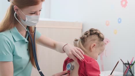 un pediatra en un hospital examina y escucha a una niña con un estetoscopio.