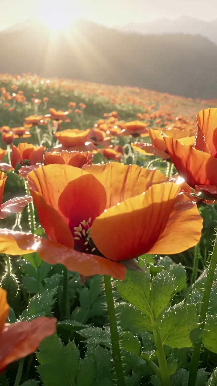 Vertical video: Panning cam sensing low sun revealing orange poppy cluster on sunlit hill with dew