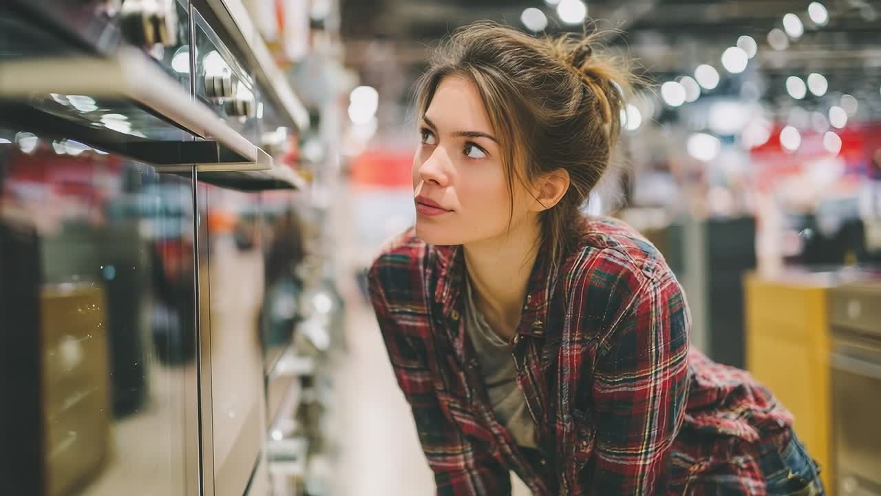 Jovem mulher explorando eletrodomésticos de cozinha em uma loja de artigos para casa