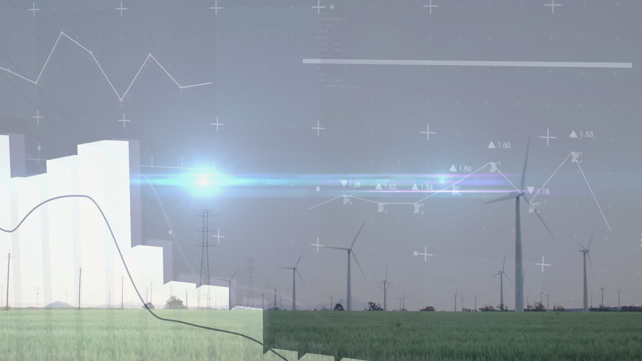 Data visualization and graphs overlay on wind turbines in field