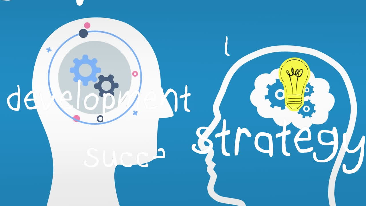 파란색 배경에 비즈니스 텍스트와 아이콘의 애니메이션