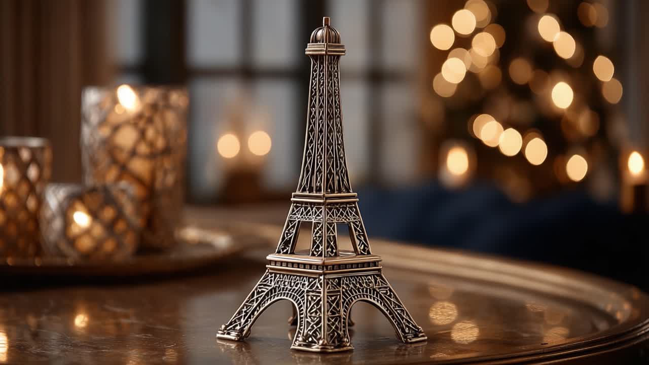 Una Torre Eiffel in miniatura splendidamente realizzata su un'elegante apparecchiatura della tavola, circondata da eleganti portacandele e luci bokeh, che crea un'atmosfera accogliente