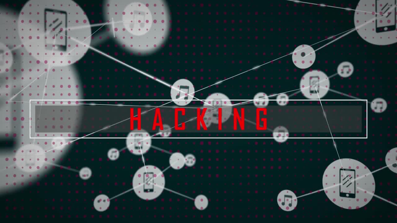 검은색 배경에 연결된 음악과 전화 아이콘과 함께 해킹 텍스트의 애니메이션