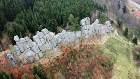 toma aérea de una pared de roca entre bosques verdes, popular destino turístico en la república checa