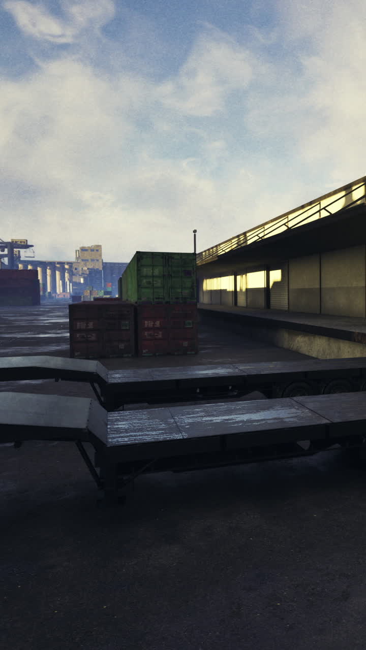 Cargo storage and loading area at a shipping port during daytime
