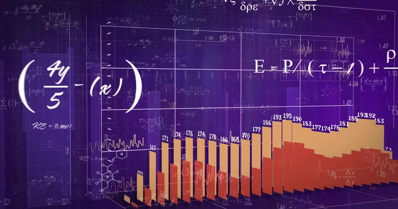 Purple 3D grid plane appearing triggers formulas drawing and bars rising in data visualization