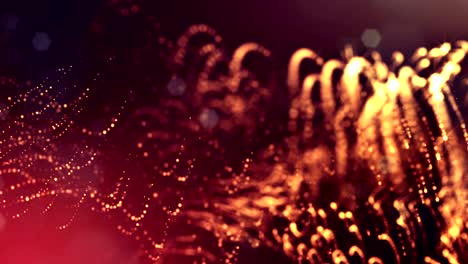 3d fondo rojo dorado con fantásticas partículas luminosas. animación 3d en bucle con profundidad de campo, efectos de luz. fondo digital moderno. líneas curvas 8