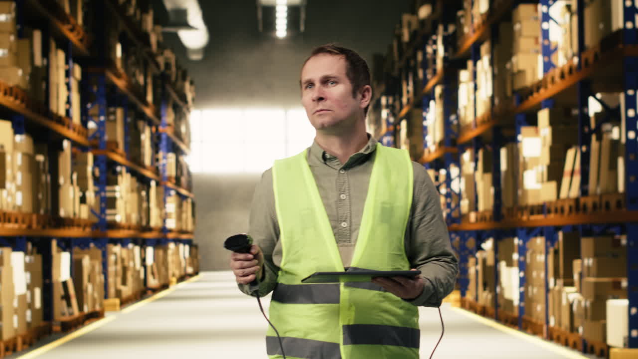 Adult male scanning AWB tags with scanner and tablet in warehouse facility