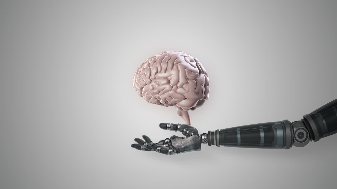 Robotic hand presenting digital human brain against white background