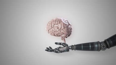 mano robótica que presenta el cerebro humano digital contra un fondo blanco