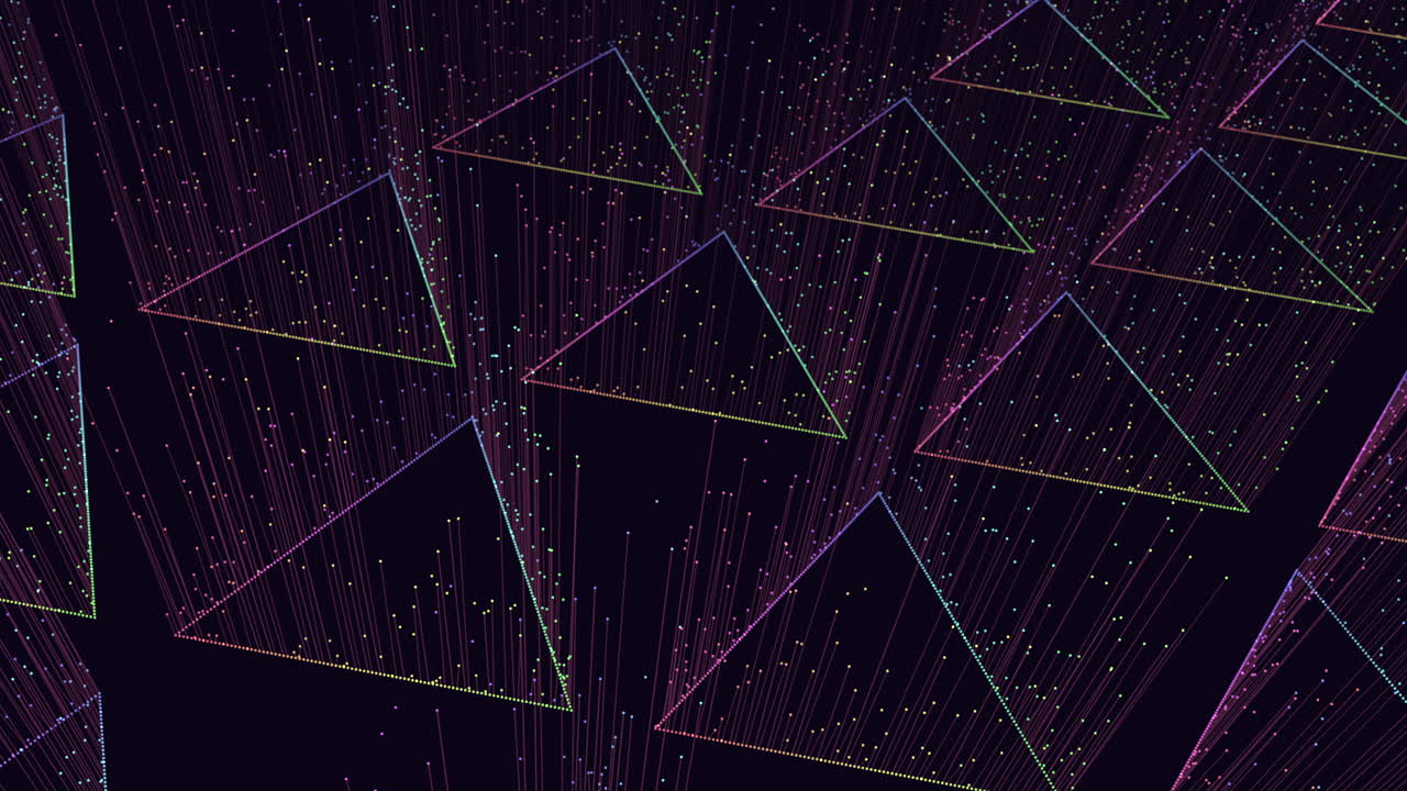 An abstract image featuring floating, colorful triangles in shades of pink and purple against a dark backdrop, creating a visually striking and vibrant composition