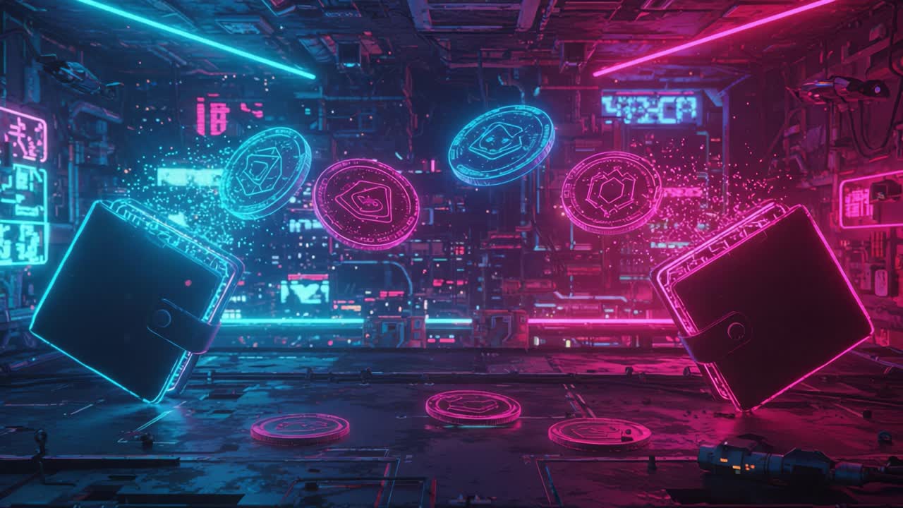 Futuristic Neon Digital Environment Featuring Floating Wallets and Cryptocurrency Icons in a High-Tech Sci-Fi Setting