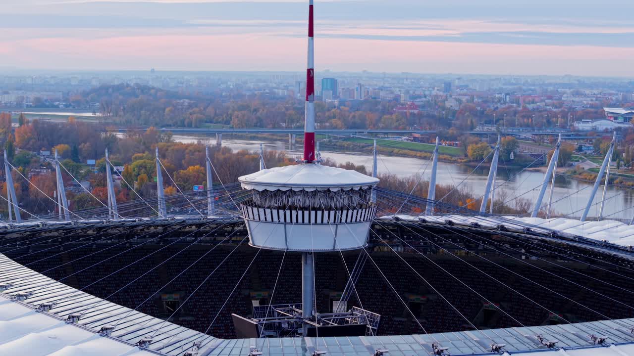 Warsaw, Poland, Aerial View of National Football Stadium Retractable Roof Base and Lightning Rod, Drone Shot